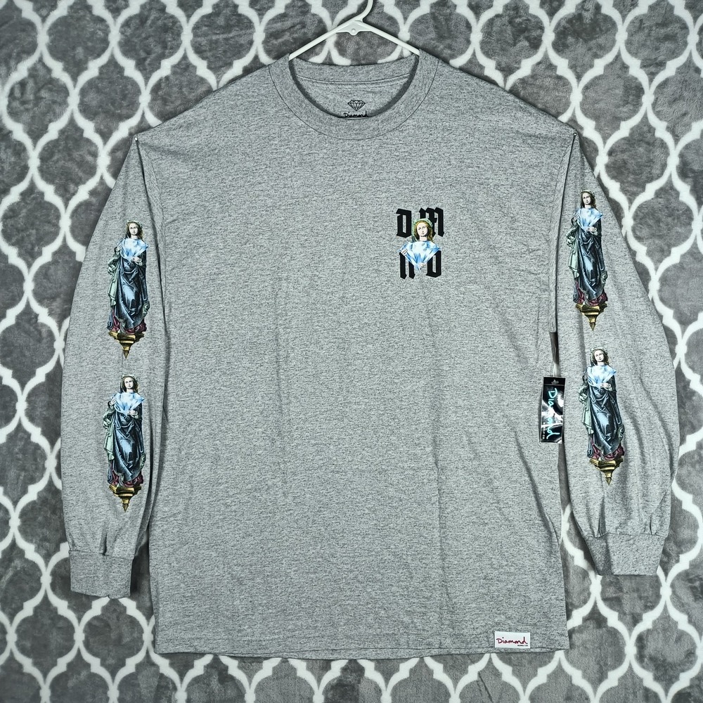 Diamond Supply Co Long Sleeve T Shirt Mens XL Gray Virgin Mary Religious Graphic